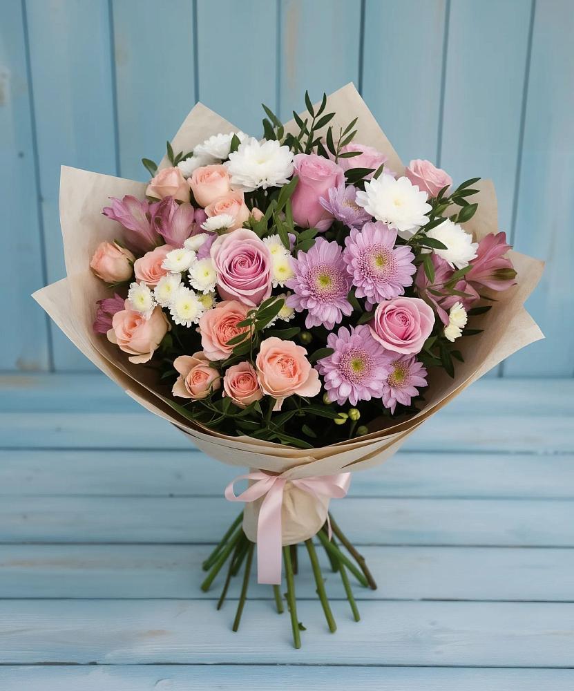 Букет цветов из: Хризантемы, Розы и Альстромерии в Марусино