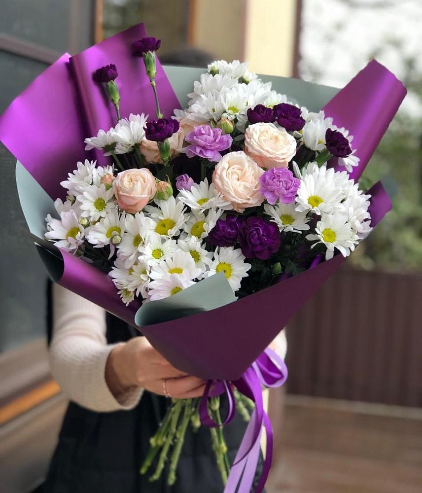Букет цветов из: Хризантемы, Гвоздики и Розы в Марусино