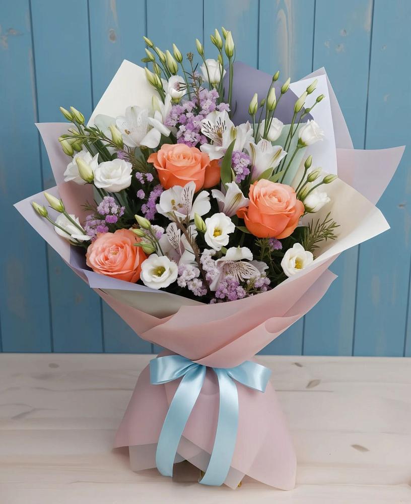 Букет цветов из: Лизиантусы, Розы, Альстромерии и Гипсофила в Марусино