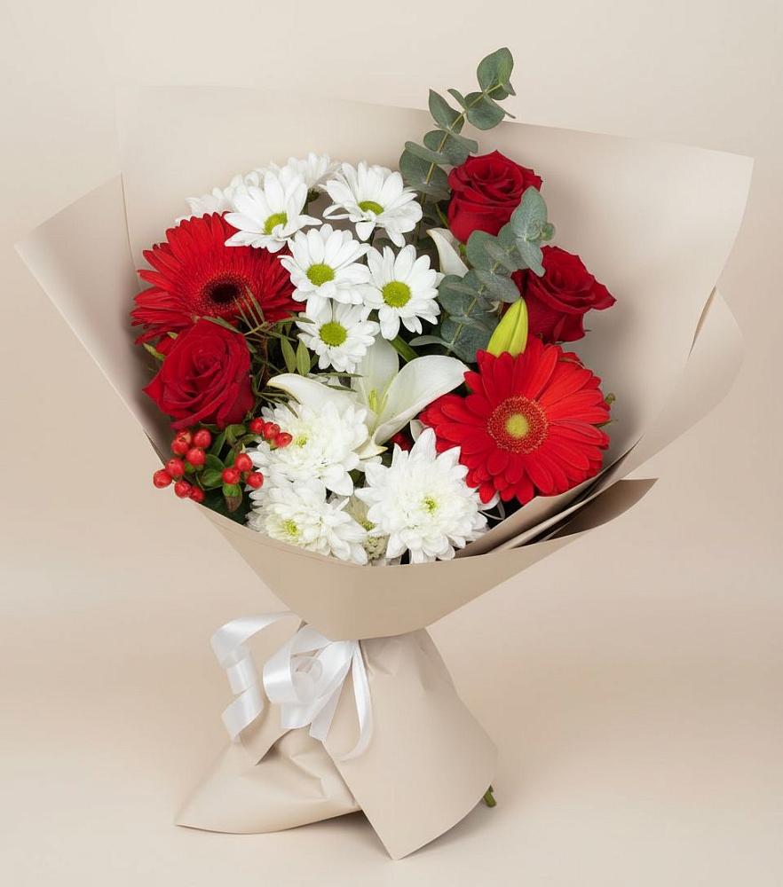 Букет цветов из: Розы, Хризантемы, Герберы и Лилии в Марусино