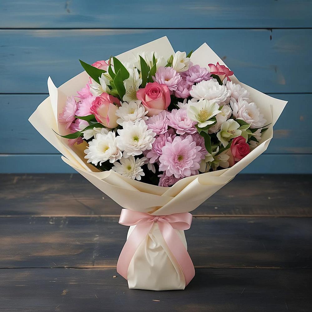 Букет цветов из: Хризантемы, Альстромерии и Розы в Марусино